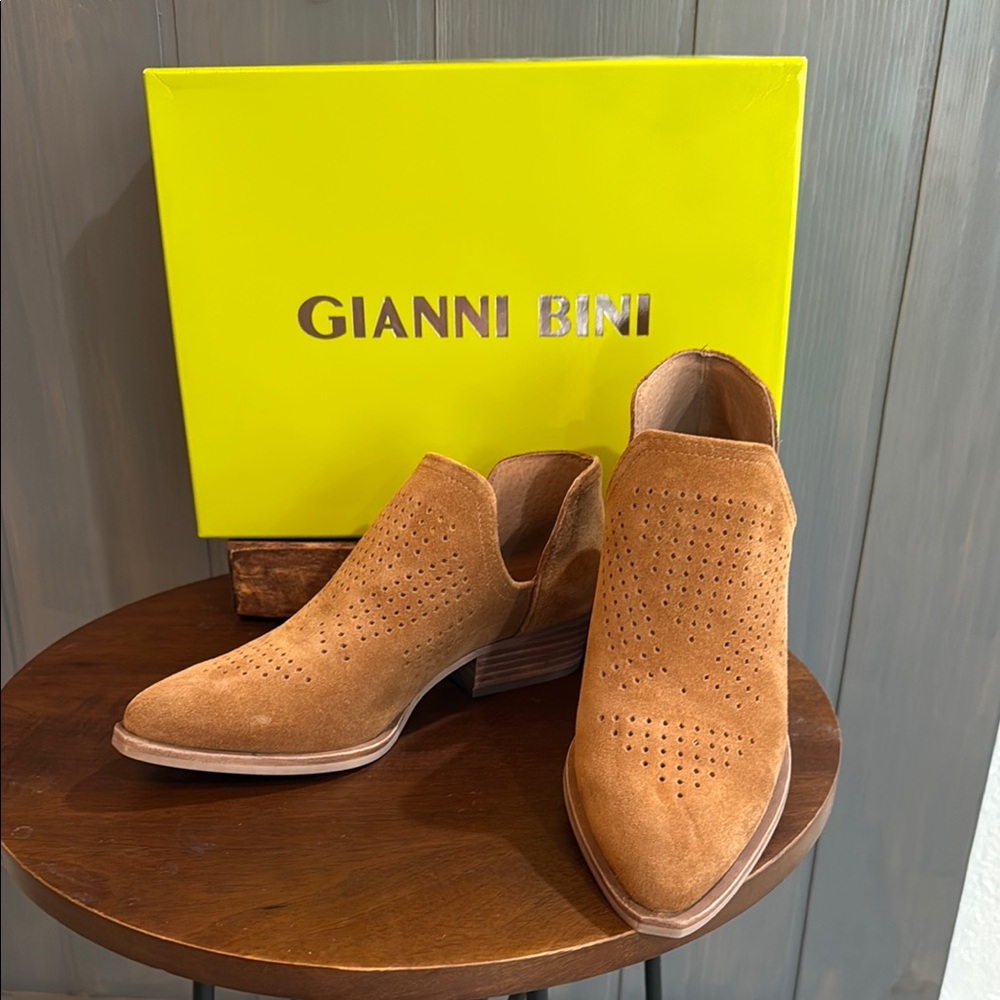 Gianni Bini Camel Suede Perforated Booties